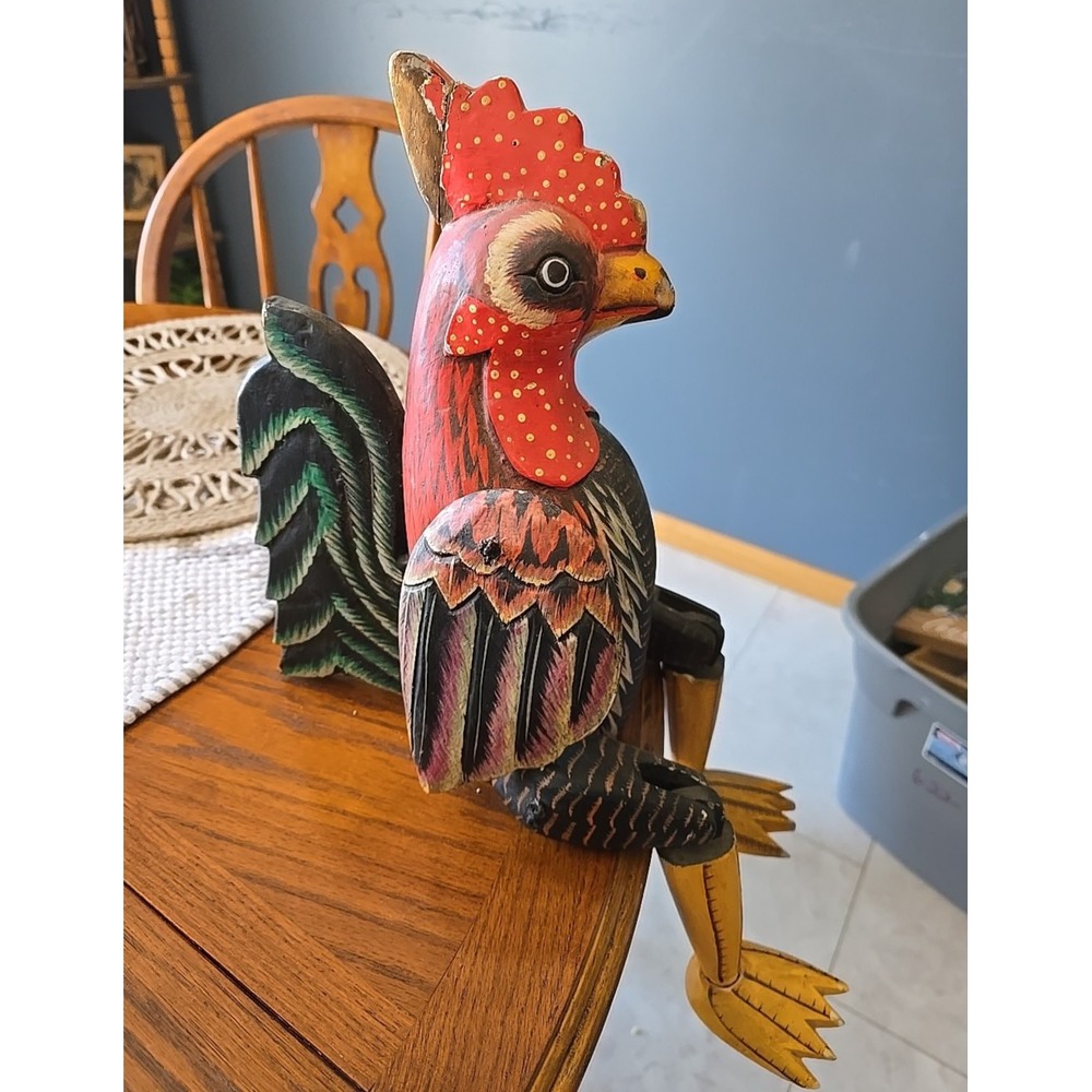 Vintage Hand Painted Carved Rooster Chicken Sitting with Movable Legs And Wings